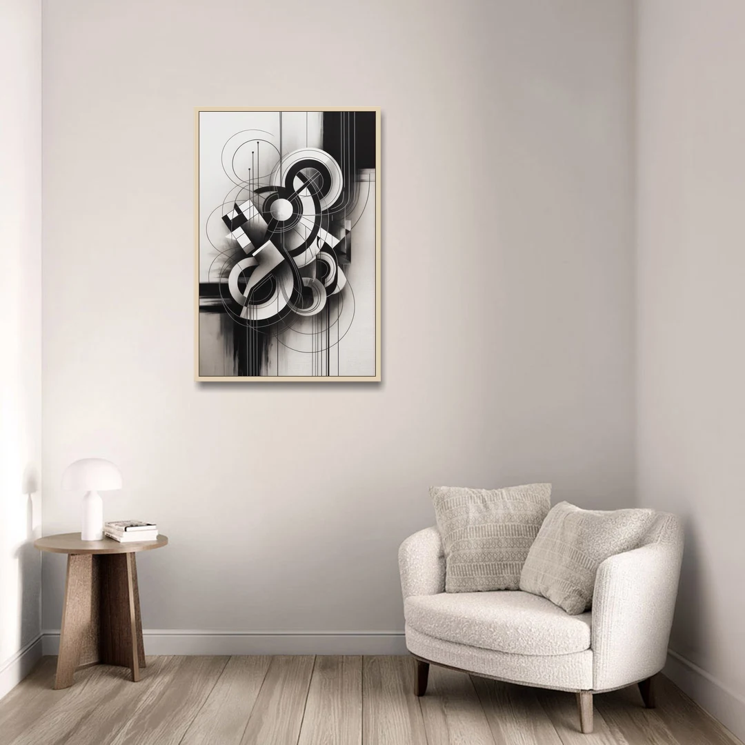 Timeless Geometric Fluidity Black and White Abstract - Oak Framed Canvas Wall Art - Sofa - 24x36