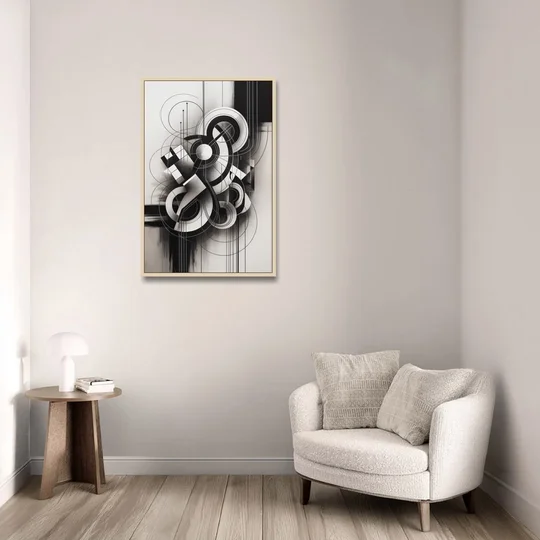 Timeless Geometric Fluidity Black and White Abstract - Oak Framed Canvas Wall Art - Sofa - 24x36