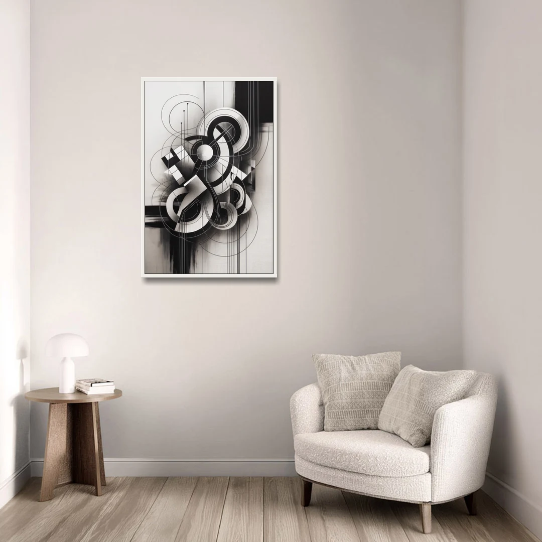 Timeless Geometric Fluidity Black and White Abstract - White Framed Canvas Wall Art - Sofa - 24x36