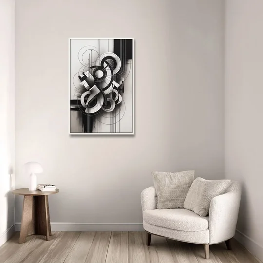 Timeless Geometric Fluidity Black and White Abstract - White Framed Canvas Wall Art - Sofa - 24x36