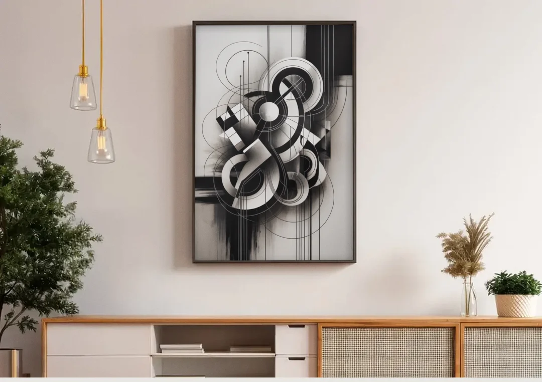 Timeless Geometric Fluidity Black and White Abstract canvas wall art above a wooden sideboard under pendant lights