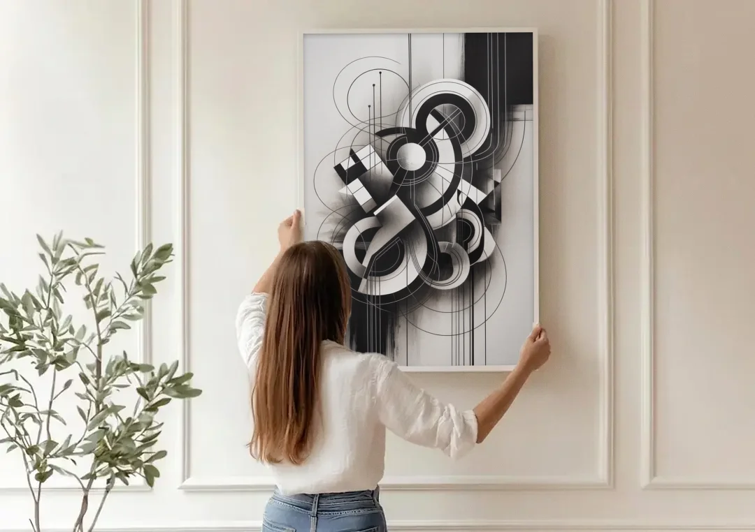 Timeless Geometric Fluidity Black and White Abstract canvas wall art being hung on a paneled wall