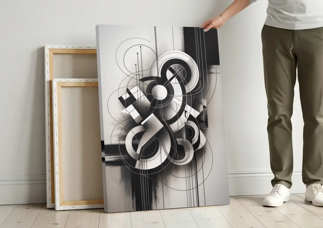 Timeless Geometric Fluidity Black and White Abstract canvas wall art leaning against a wall next to blank canvases