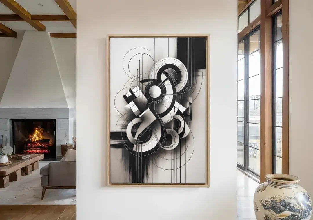 Timeless Geometric Fluidity Black and White Abstract canvas wall art in a living room with a fireplace