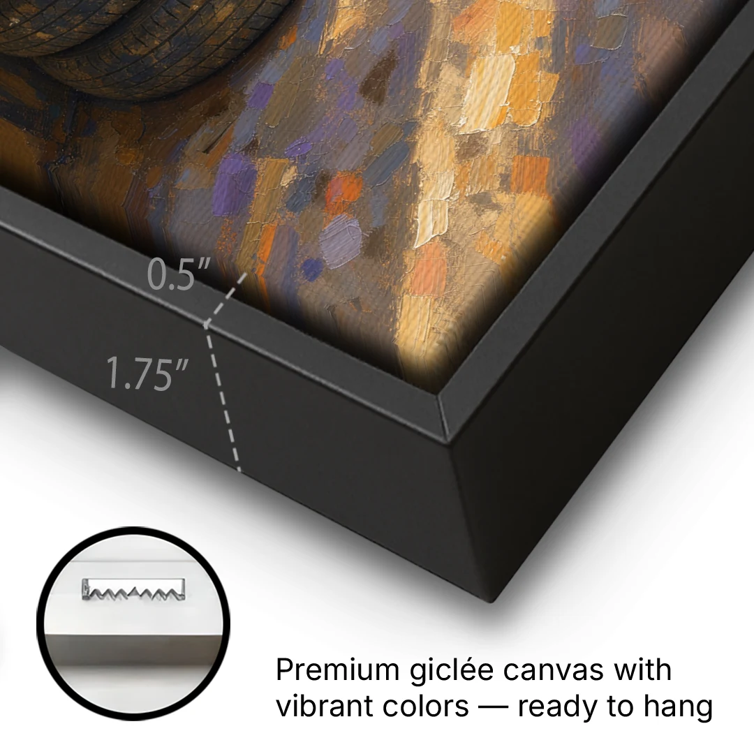 Tire Wall Art of Four Tires in Morning Light - Black Framed Canvas Wall Art - Gallery Wrap Corner