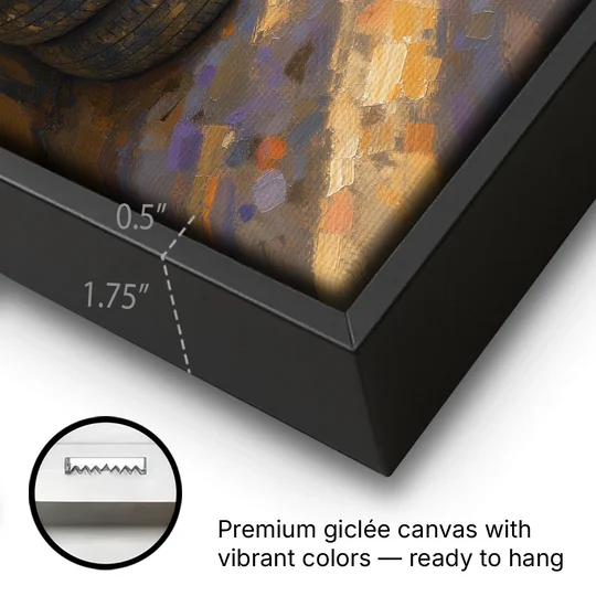 Tire Wall Art of Four Tires in Morning Light - Black Framed Canvas Wall Art - Gallery Wrap Corner
