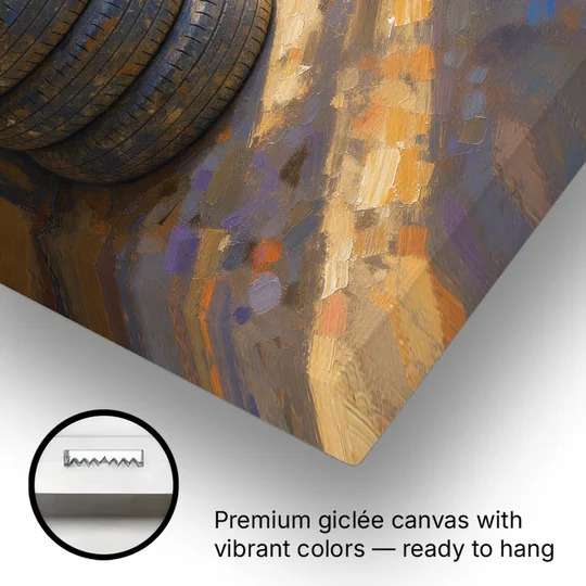 Tire Wall Art of Four Tires in Morning Light - Canvas Wall Art - Gallery Wrap Corner
