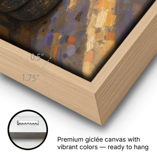 Tire Wall Art of Four Tires in Morning Light - Oak Framed Canvas Wall Art - Gallery Wrap Corner