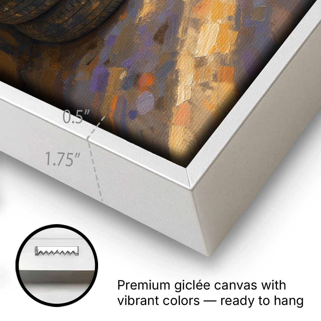 Tire Wall Art of Four Tires in Morning Light - White Framed Canvas Wall Art - Gallery Wrap Corner