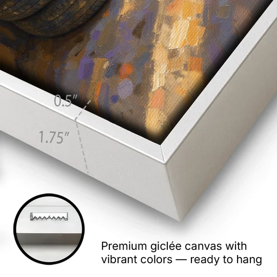 Tire Wall Art of Four Tires in Morning Light - White Framed Canvas Wall Art - Gallery Wrap Corner