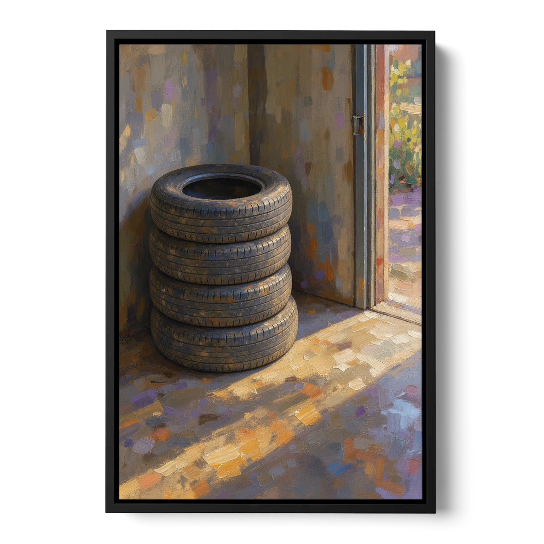Tire Wall Art of Four Tires in Morning Light - Black Framed Canvas Wall Art - Front