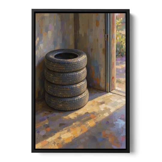 Tire Wall Art of Four Tires in Morning Light - Black Framed Canvas Wall Art - Front