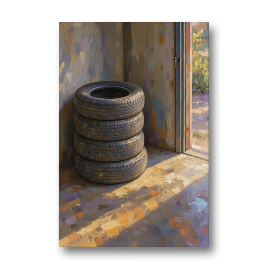 Tire Wall Art of Four Tires in Morning Light - Canvas Wall Art - Front