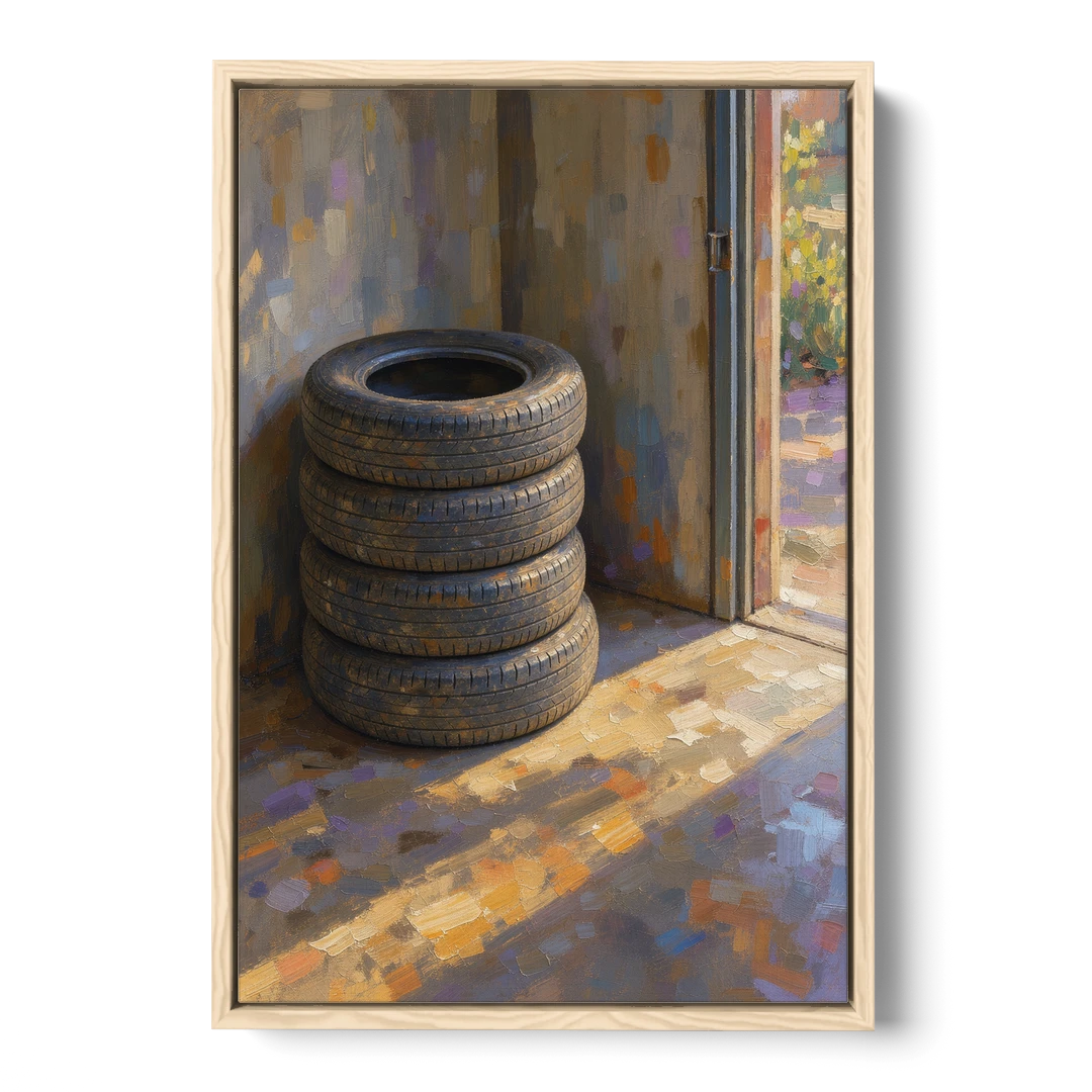 Tire Wall Art of Four Tires in Morning Light - Oak Framed Canvas Wall Art - Front