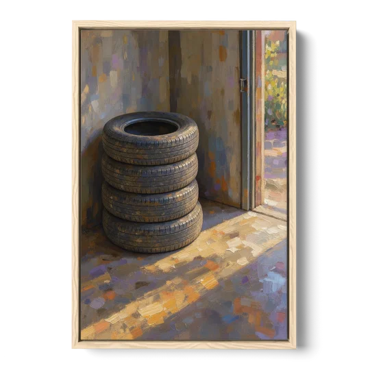 Tire Wall Art of Four Tires in Morning Light - Oak Framed Canvas Wall Art - Front