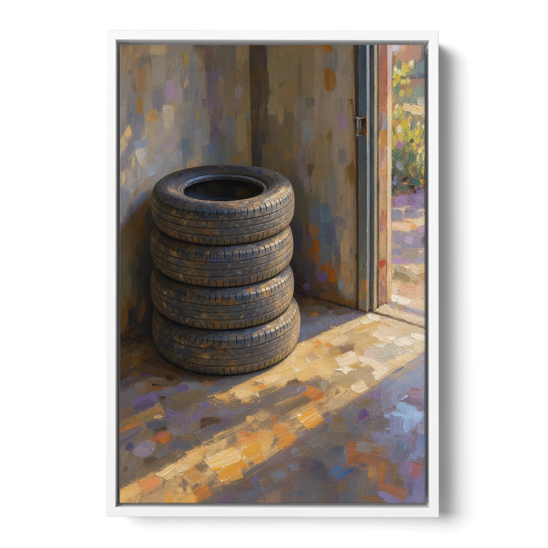 Tire Wall Art of Four Tires in Morning Light - White Framed Canvas Wall Art - Front