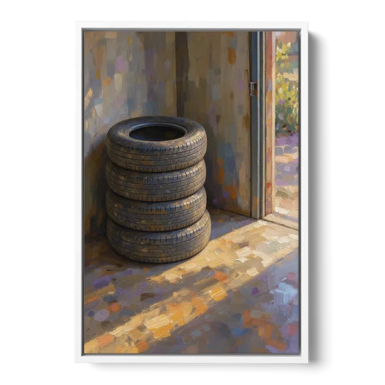 Tire Wall Art of Four Tires in Morning Light - White Framed Canvas Wall Art - Front