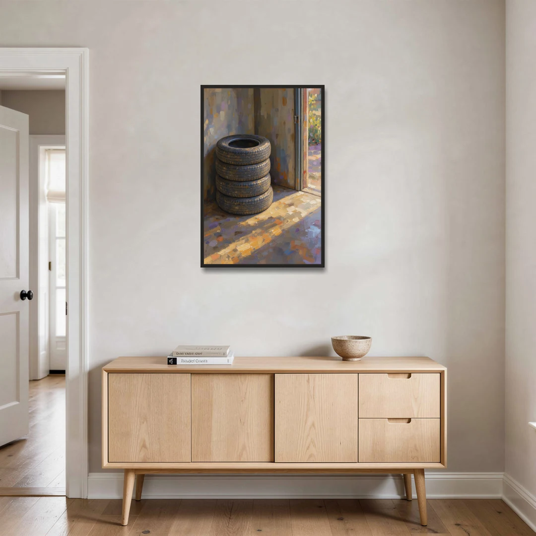 Tire Wall Art of Four Tires in Morning Light - Black Framed Canvas Wall Art - Coffee Table - 24x36