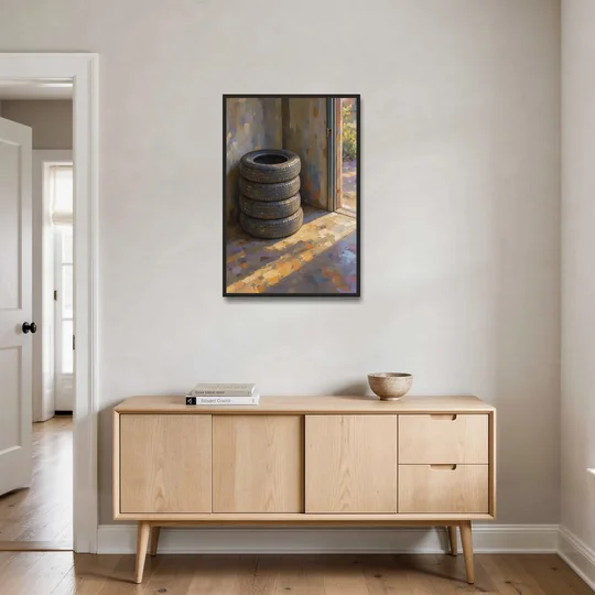 Tire Wall Art of Four Tires in Morning Light - Black Framed Canvas Wall Art - Coffee Table - 24x36
