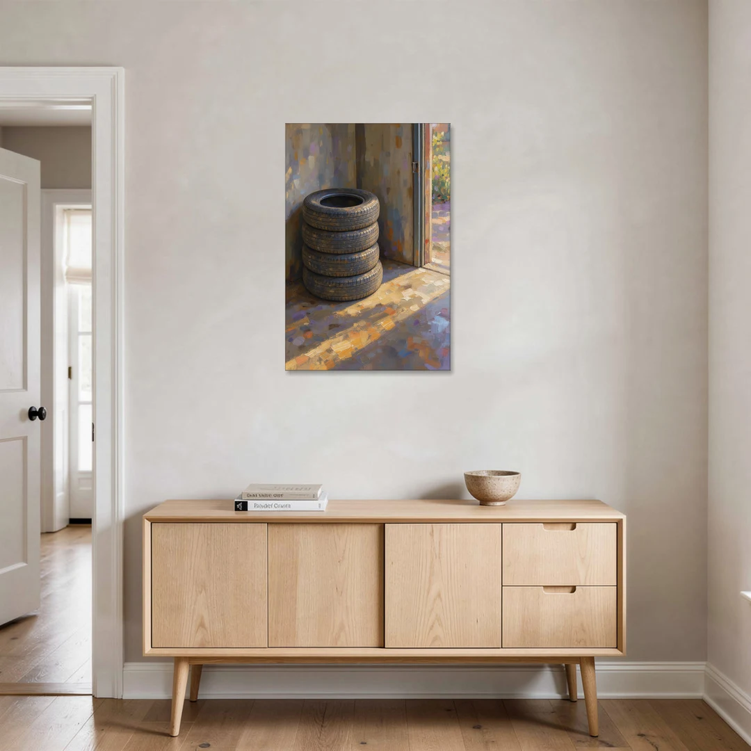 Tire Wall Art of Four Tires in Morning Light - Canvas Wall Art - Coffee Table - 24x36