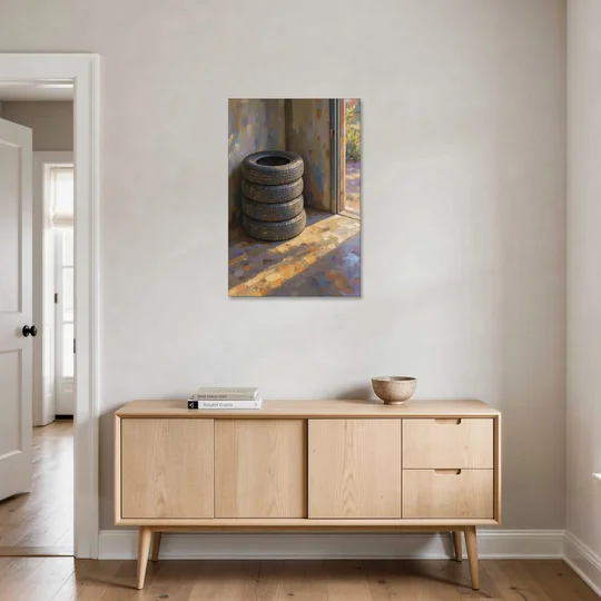 Tire Wall Art of Four Tires in Morning Light - Canvas Wall Art - Coffee Table - 24x36
