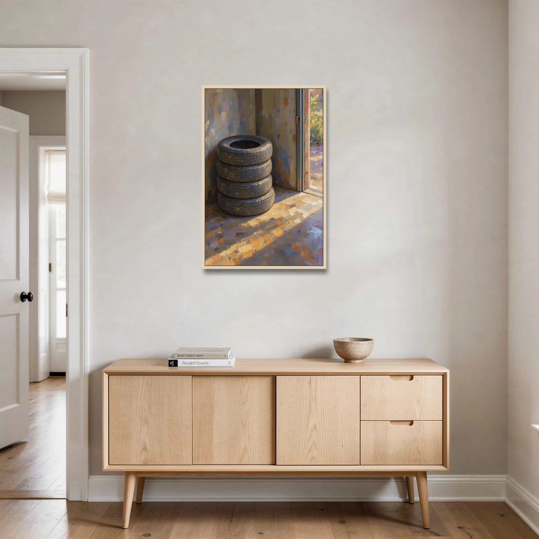 Tire Wall Art of Four Tires in Morning Light - Oak Framed Canvas Wall Art - Coffee Table - 24x36