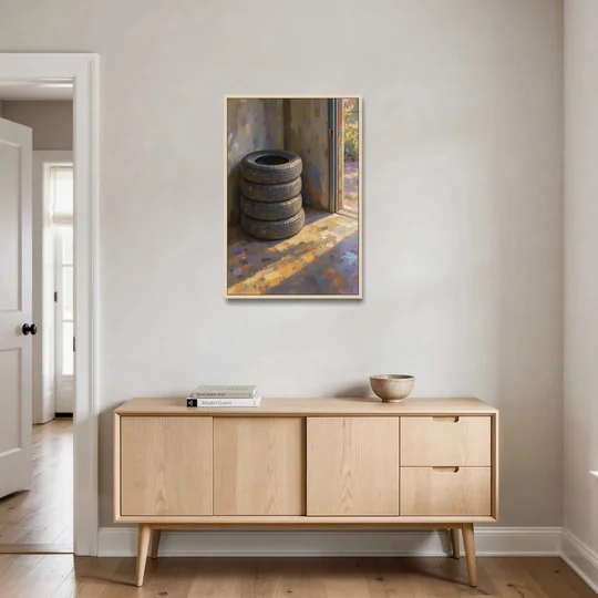 Tire Wall Art of Four Tires in Morning Light - Oak Framed Canvas Wall Art - Coffee Table - 24x36
