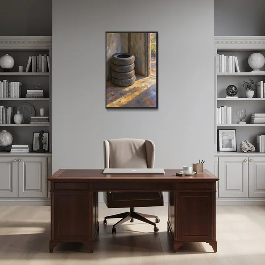 Tire Wall Art of Four Tires in Morning Light - Black Framed Canvas Wall Art - Office - 24x36