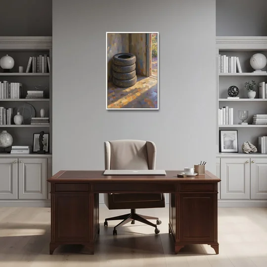 Tire Wall Art of Four Tires in Morning Light - White Framed Canvas Wall Art - Office - 24x36