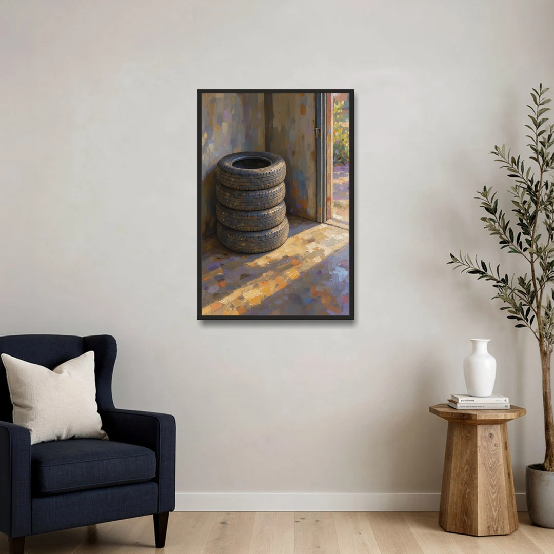 Tire Wall Art of Four Tires in Morning Light - Black Framed Canvas Wall Art - Sofa - 24x36