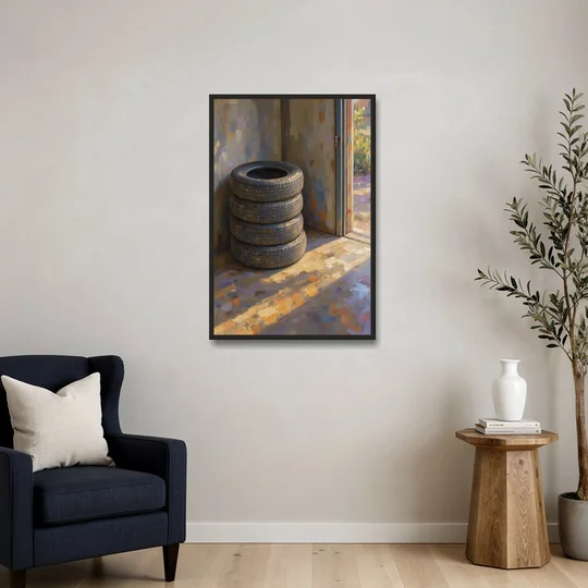 Tire Wall Art of Four Tires in Morning Light - Black Framed Canvas Wall Art - Sofa - 24x36