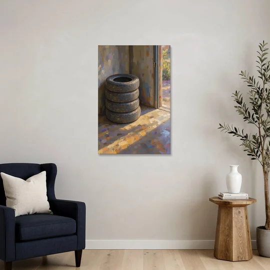 Tire Wall Art of Four Tires in Morning Light - Canvas Wall Art - Sofa - 24x36