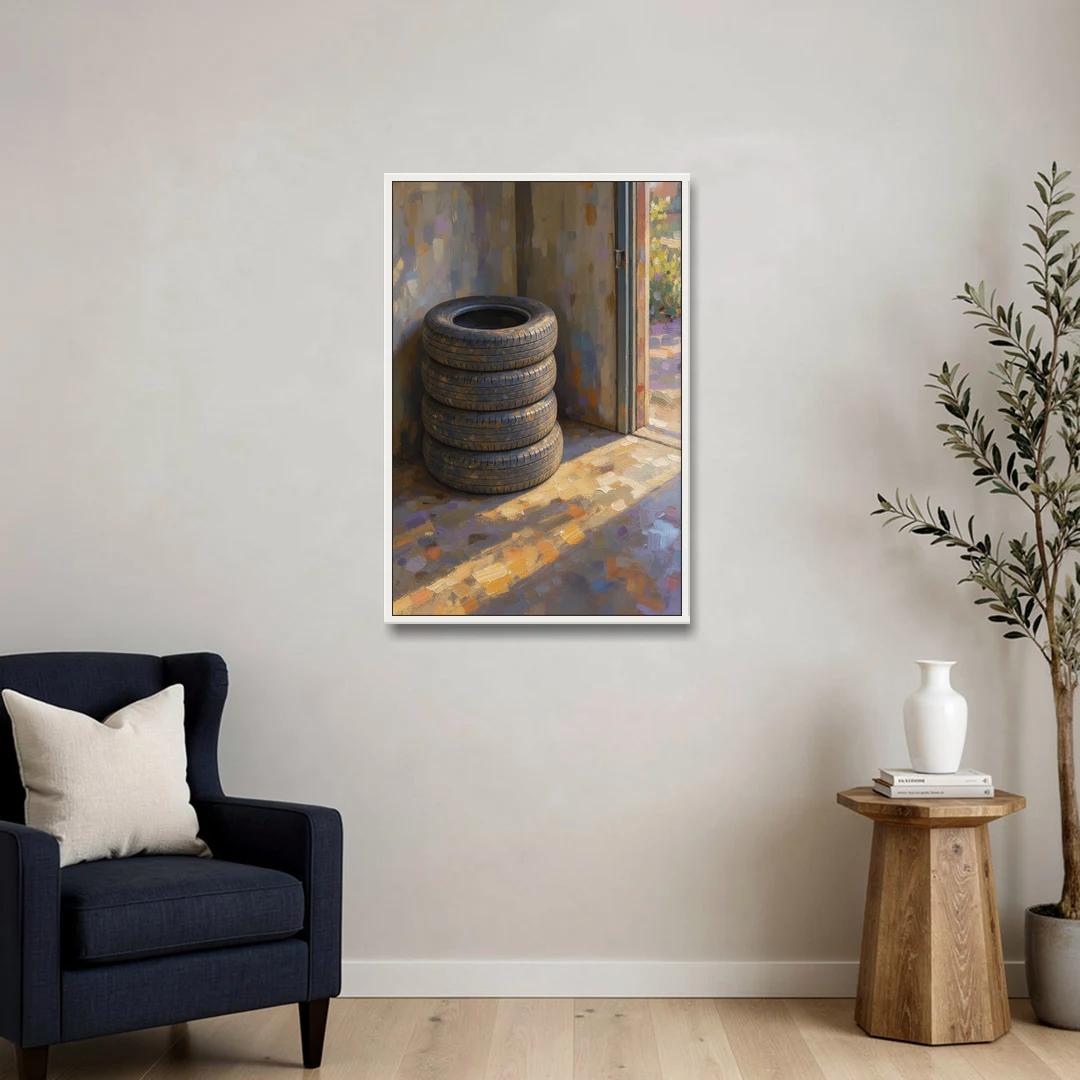 Tire Wall Art of Four Tires in Morning Light - White Framed Canvas Wall Art - Sofa - 24x36