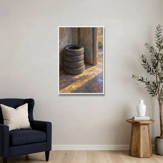 Tire Wall Art of Four Tires in Morning Light - White Framed Canvas Wall Art - Sofa - 24x36