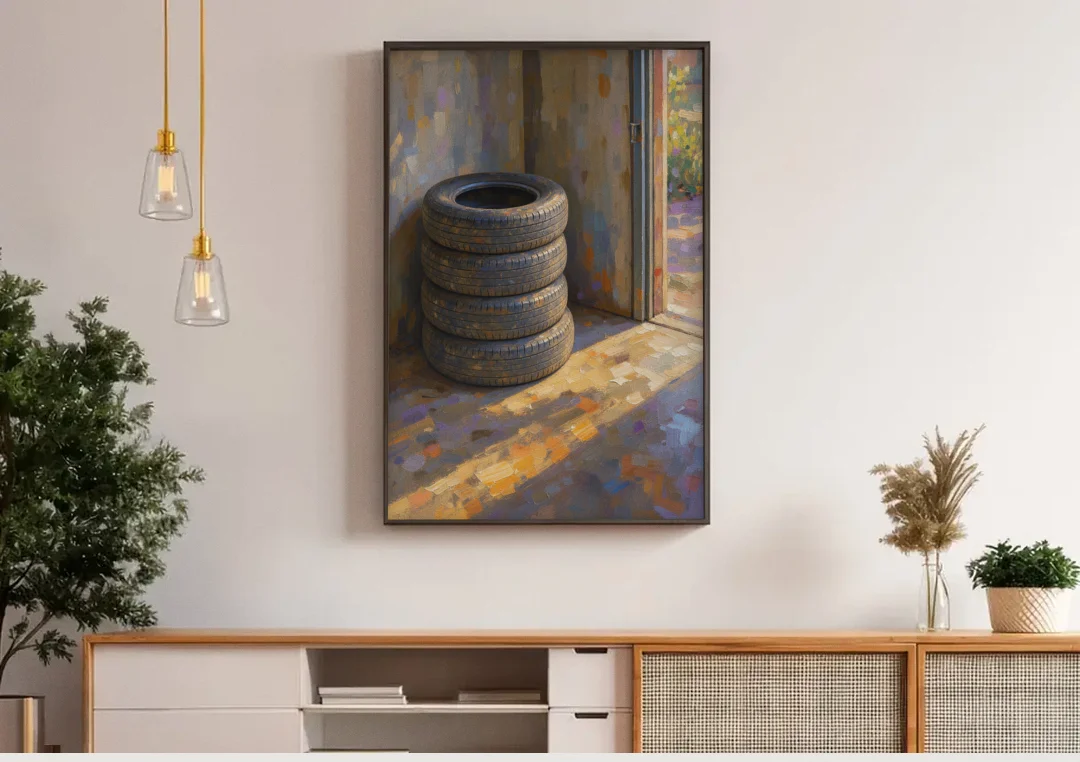 Tire Wall Art of Four Tires in Morning Light canvas wall art above a wooden sideboard under pendant lights