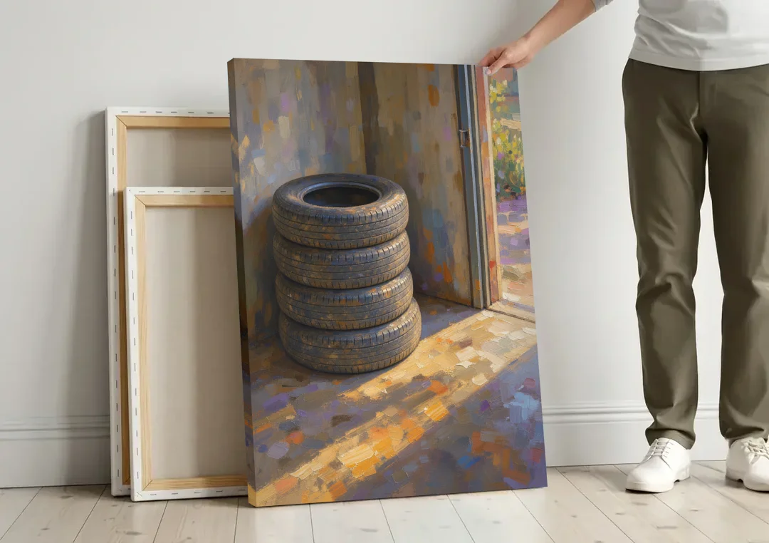 Tire Wall Art of Four Tires in Morning Light canvas wall art leaning against a wall next to blank canvases