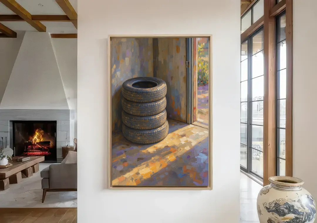 Tire Wall Art of Four Tires in Morning Light canvas wall art in a living room with a fireplace