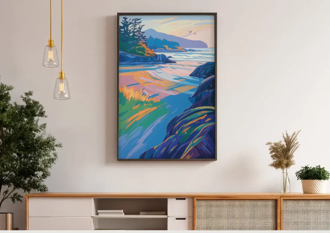 Tofino Coastline canvas wall art above a wooden sideboard under pendant lights