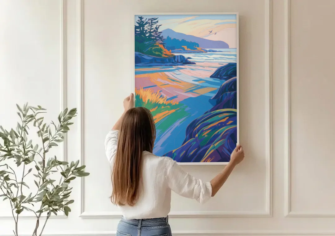 Tofino Coastline canvas wall art being hung on a paneled wall