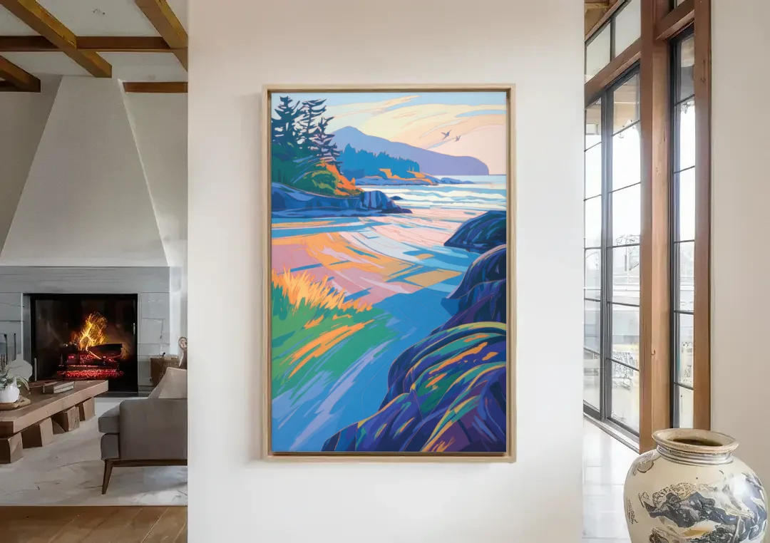 Tofino Coastline canvas wall art in a living room with a fireplace