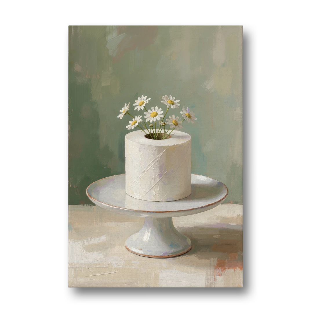 Toilet Paper Painting with Chamomile on a Cake Stand - Canvas Wall Art - Front