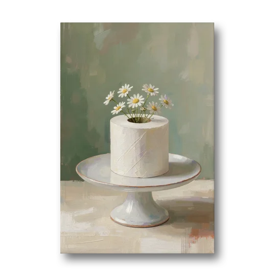 Toilet Paper Painting with Chamomile on a Cake Stand - Canvas Wall Art - Front
