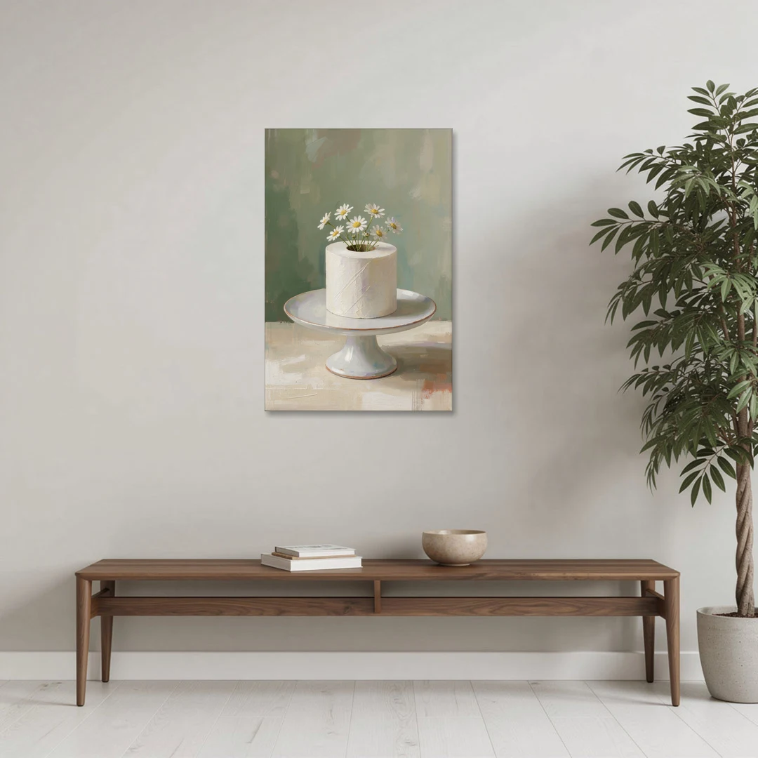 Toilet Paper Painting with Chamomile on a Cake Stand - Canvas Wall Art - Coffee Table - 24x36