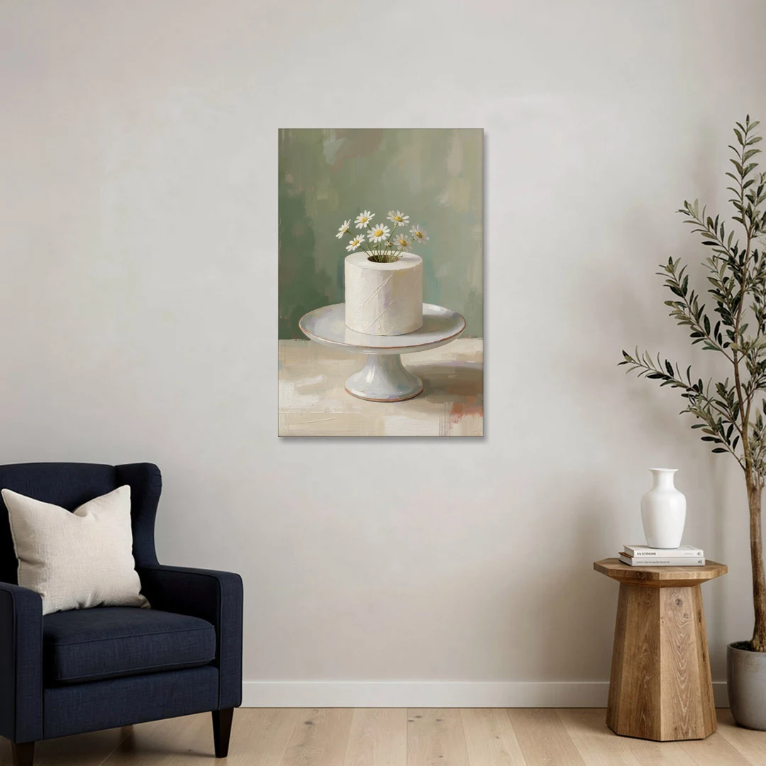 Toilet Paper Painting with Chamomile on a Cake Stand - Canvas Wall Art - Sofa - 24x36