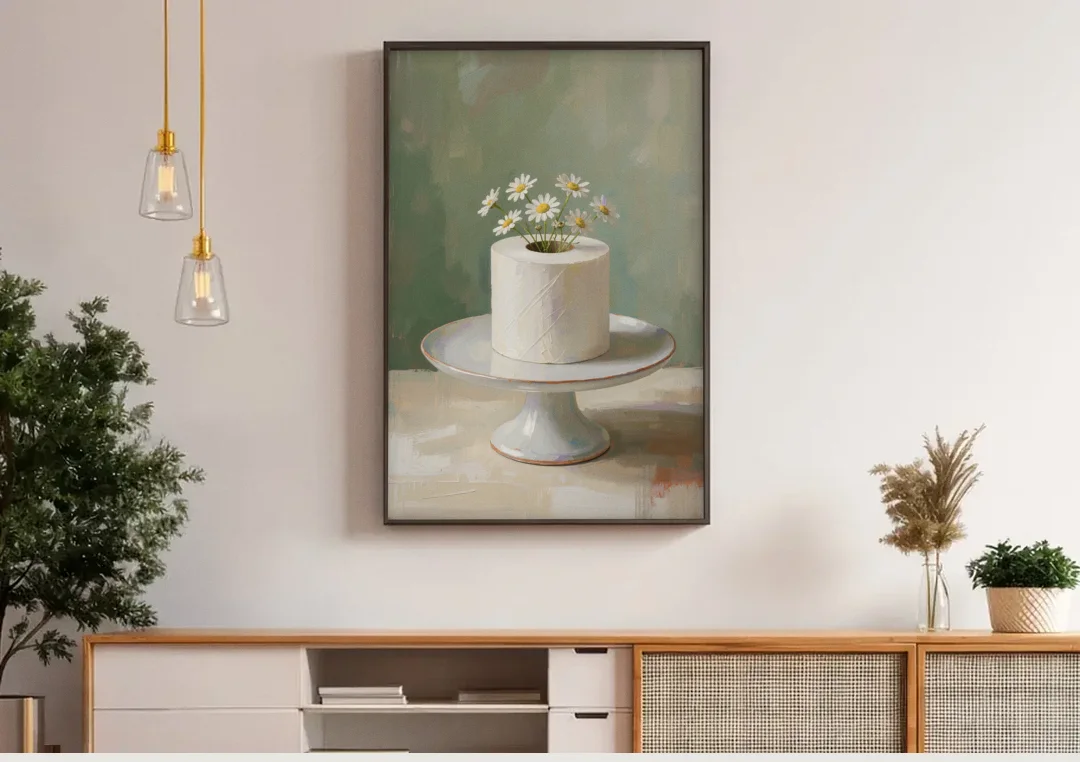 Toilet Paper Painting with Chamomile on a Cake Stand canvas wall art above a wooden sideboard under pendant lights
