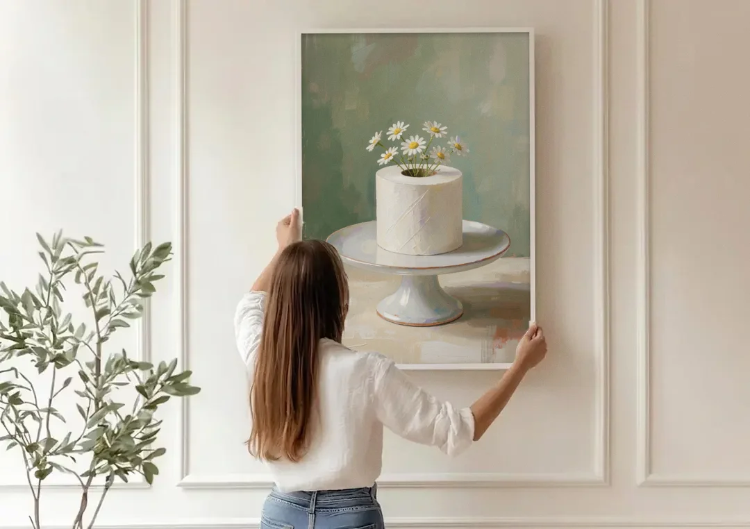Toilet Paper Painting with Chamomile on a Cake Stand canvas wall art being hung on a paneled wall