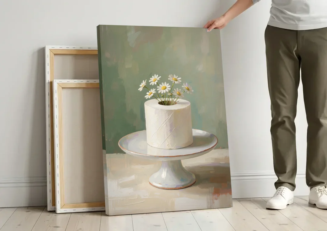 Toilet Paper Painting with Chamomile on a Cake Stand canvas wall art leaning against a wall next to blank canvases