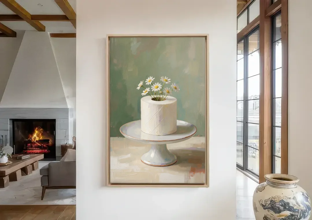 Toilet Paper Painting with Chamomile on a Cake Stand canvas wall art in a living room with a fireplace