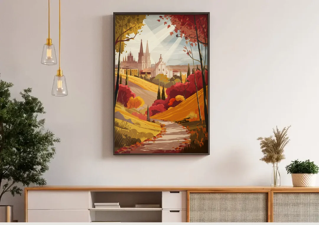 Toledo Autumn Landscape canvas wall art above a wooden sideboard under pendant lights