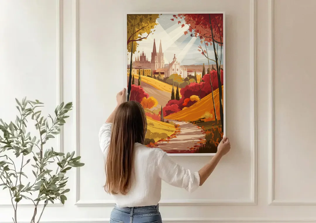 Toledo Autumn Landscape canvas wall art being hung on a paneled wall
